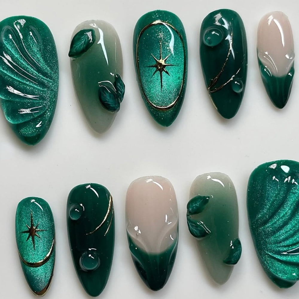3D Green Leaf Cat Eye Nail
