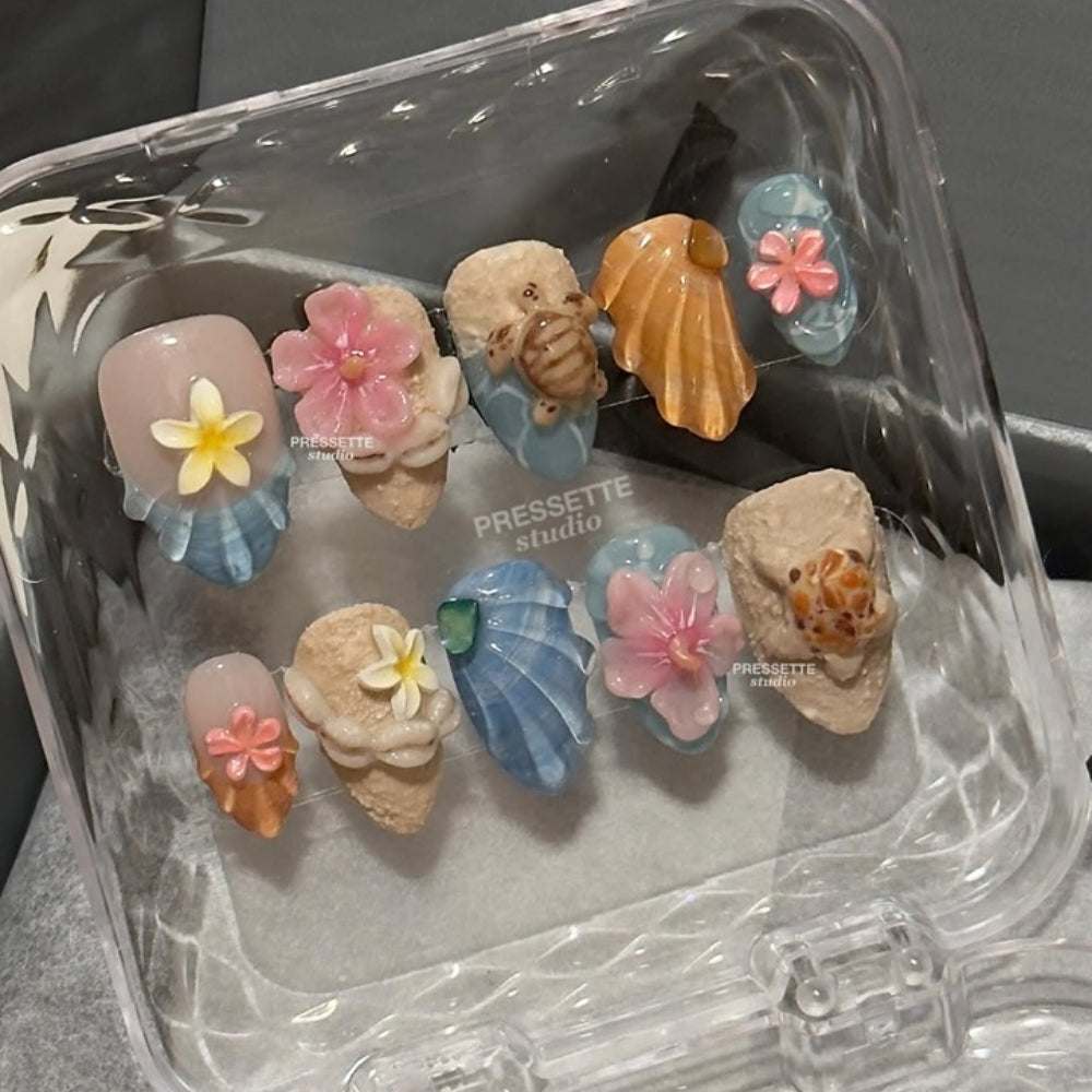 3D Beach Turtle Almond Nails