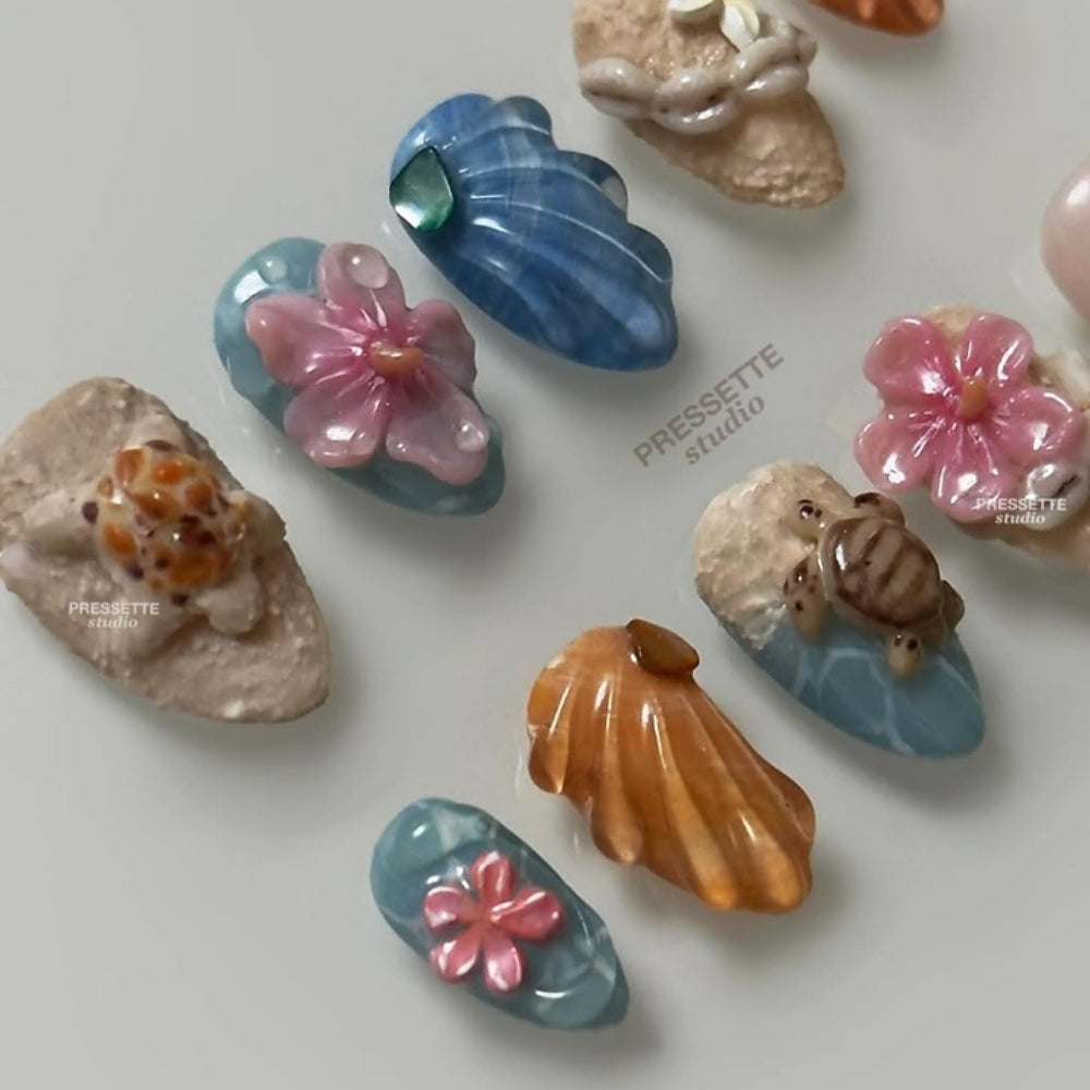 3D Beach Turtle Almond Nails