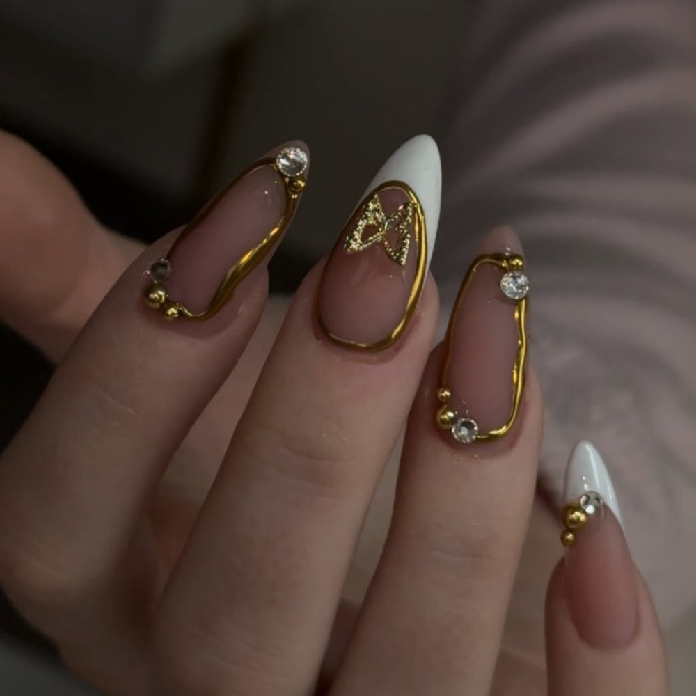 Golden Butterfly Fashion French Almond Nail