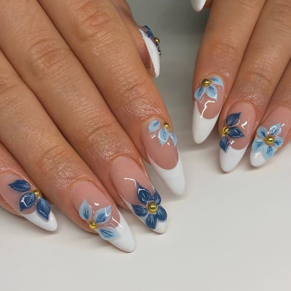 Hot Selling Blue Flower White French Almond Nails
