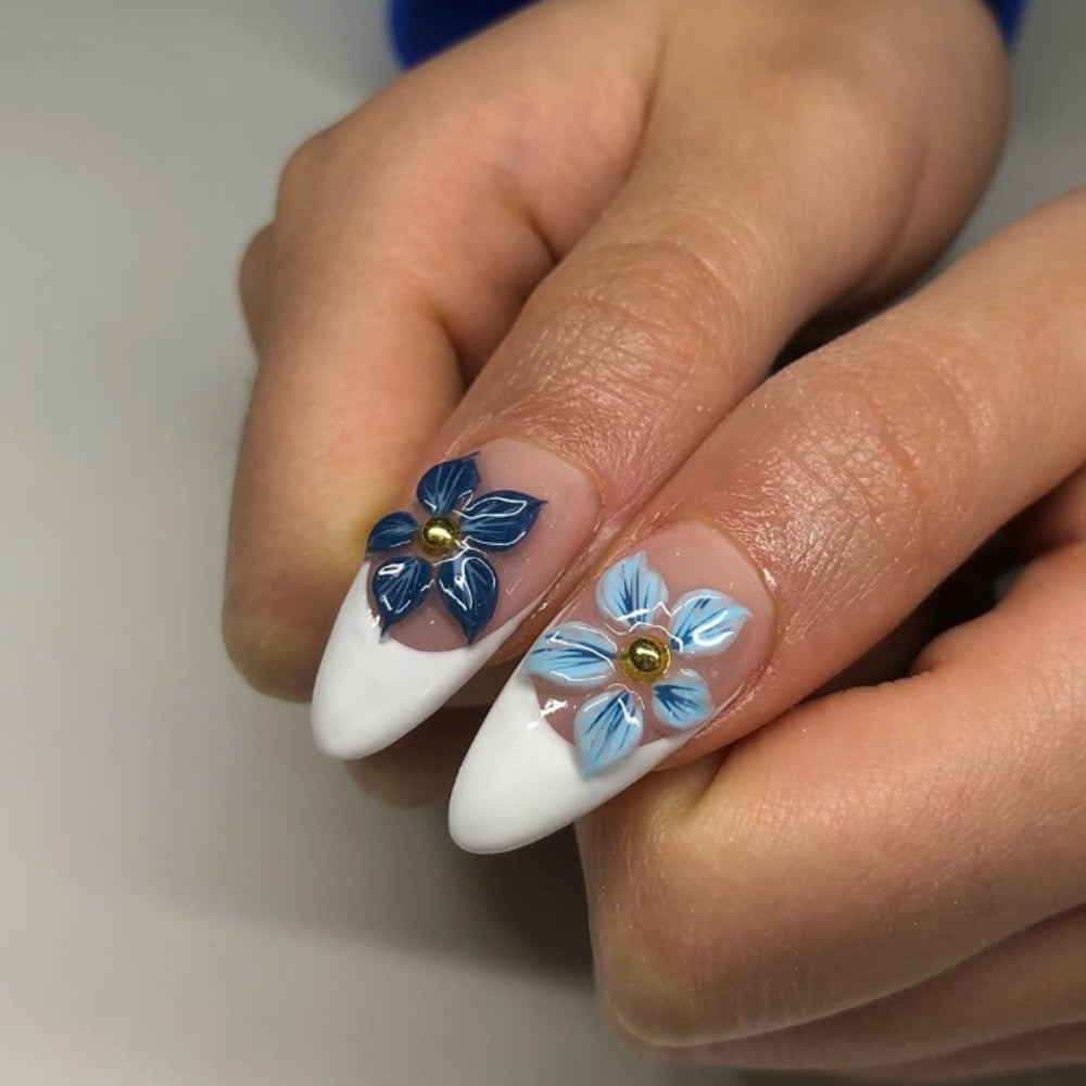 Hot Selling Blue Flower White French Almond Nails