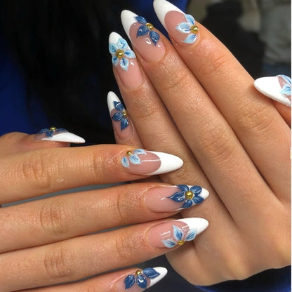 Hot Selling Blue Flower White French Almond Nails