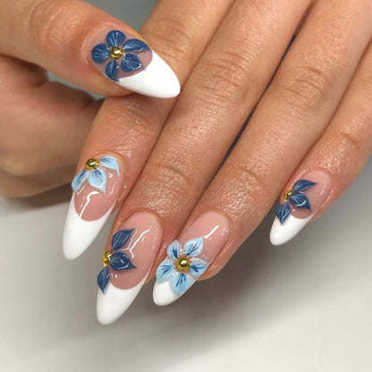 Hot Selling Blue Flower White French Almond Nails