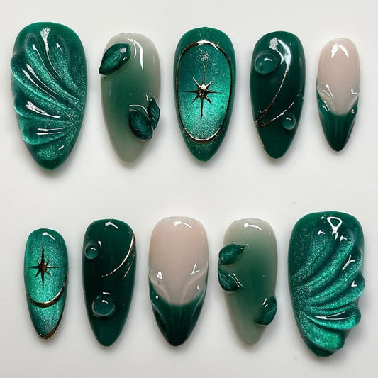 3D Green Leaf Cat Eye Nail