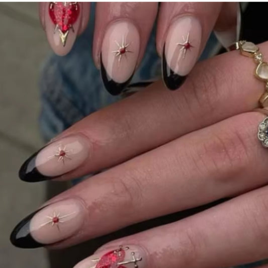 Black French Red Heart Almond Nail