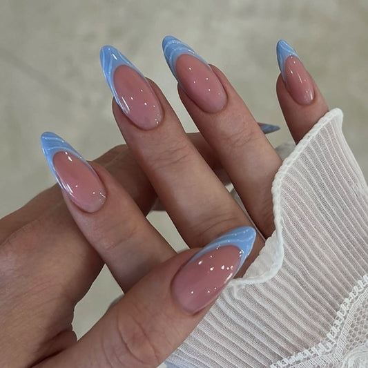 Blue French Almond Nails