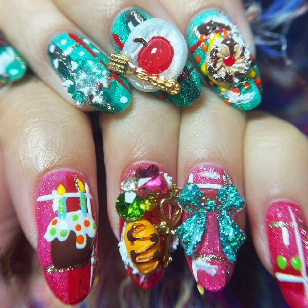 Pink and Green Christmas Nails