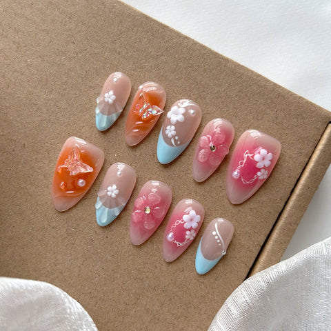 French Pink Orange Almond Nail