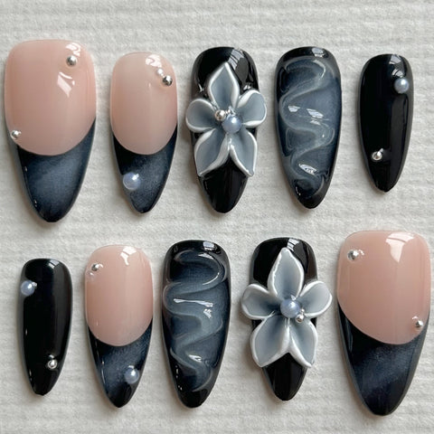 Black Floral Almond Nails