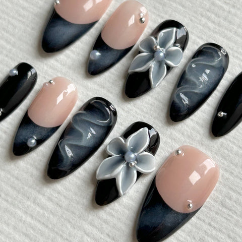 Black Floral Almond Nails