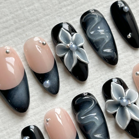 Black Floral Almond Nails