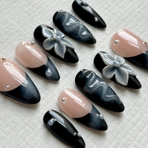 Black Floral Almond Nails