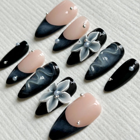 Black Floral Almond Nails
