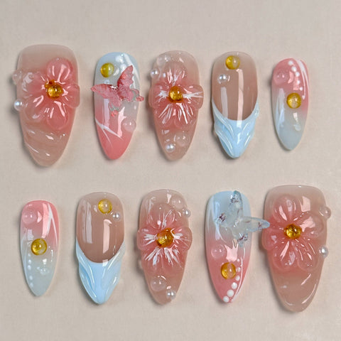 French Pink Blue Almond Nail