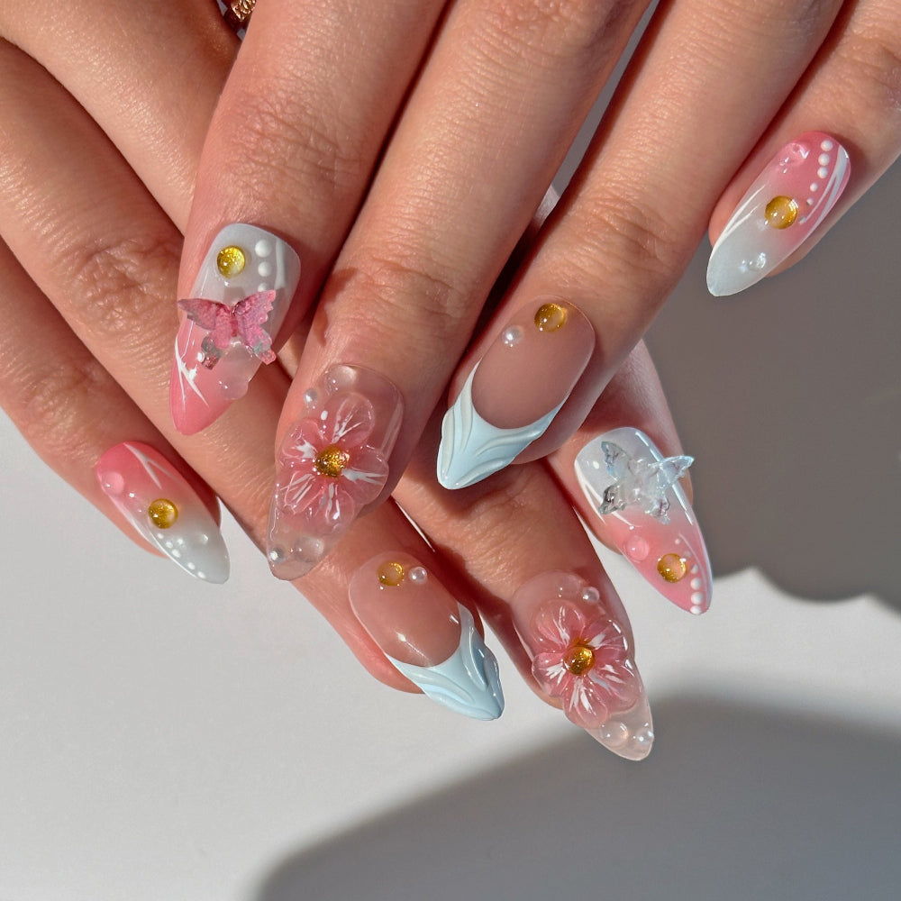 French Pink Blue Almond Nail